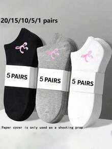 5/10/15 Pairs Unisex Comfortable Versatile Solid Color Black/White/Grey Bow Short Socks 1/5/10/15/20 Pairs - Multicolor - View 1