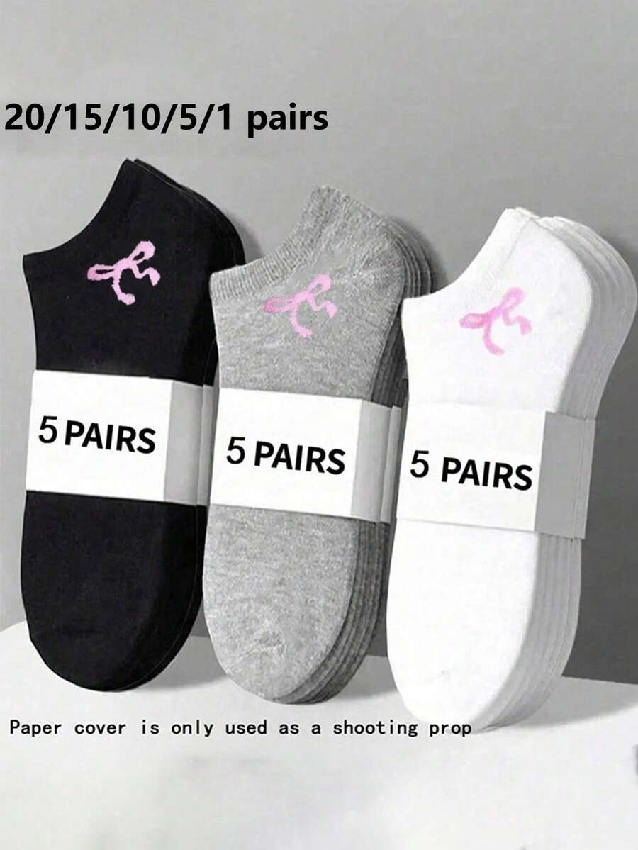 5/10/15 Pairs Unisex Comfortable Versatile Solid Color Black/White/Grey Bow Short Socks 1/5/10/15/20 Pairs - Multicolor - View 1