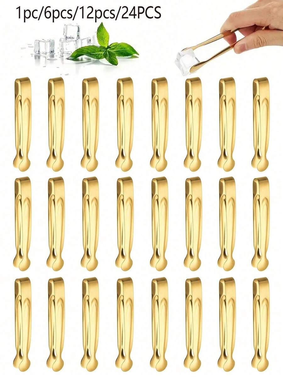 1/6/12/24pcs Stainless Steel Tongs For Sugar Cubes, Ice Cubes, Mini Fruits, Candies, Suitable For Kitchen, Restaurant, Cafe, Afternoon Tea, Dessert - Gold - View 1