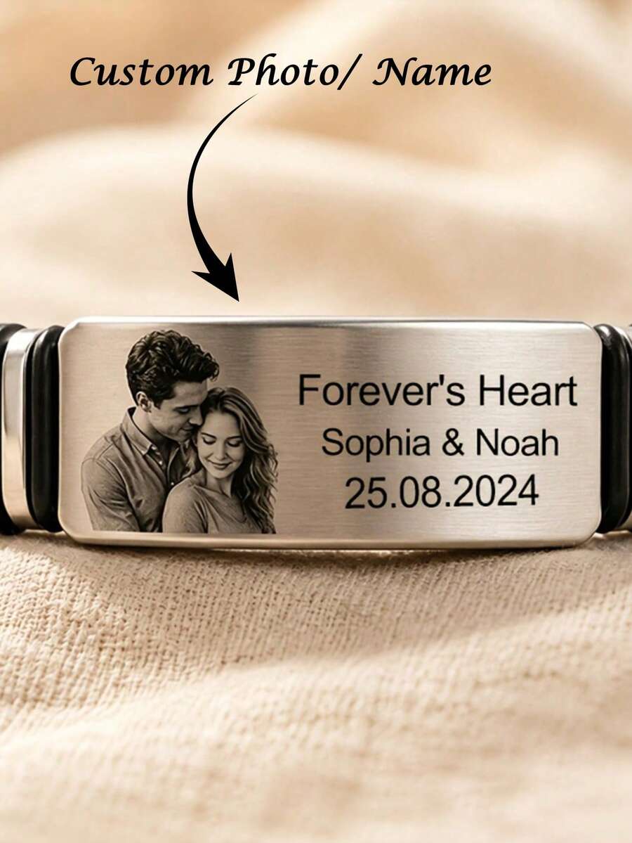 Customized Name & Photo Bracelet, Couple Matching Bangle, Engraved Photo & Text Stainless Steel Jewelry Gift For Him/Her, Personalized Stainless Steel ID Bangle, Customized Jewelry Gift For Boyfriend/Girlfriend Couple, Valentine's Day Accessory, Back To School Gift, Father's Day Gift - Multicolor - View 1