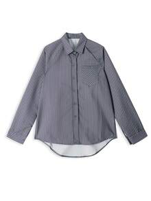 Women Striped Long Sleeve Shirt Without Necktie Spring - Grey - View 5