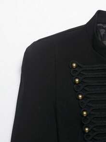 THREADLY Spring/Autumn New Women's New Chinese Style Button Up Collar Long Sleeve Padded Shoulder Slim Fit Blazer Jacket Black - Black - View 3