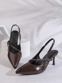 Women's Buckle Strap Back Slingback High Heels, Elegant Pointed Toe Stiletto Sandals, Suitable For Commute, Party, Daily Wear - Brown - View 2