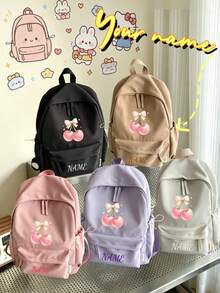 1 pieza Mochila personalizada de gran capacidad para volver a la escuela, versátil con estampado de lazo lindo & cereza, cierre de cremallera, material de nylon, correas de hombro ajustables, portátil a mano, adecuada para la escuela, el transporte, las compras, los viajes al aire libre. Regalo de cumpleaños. - Multicolor - Ver 1