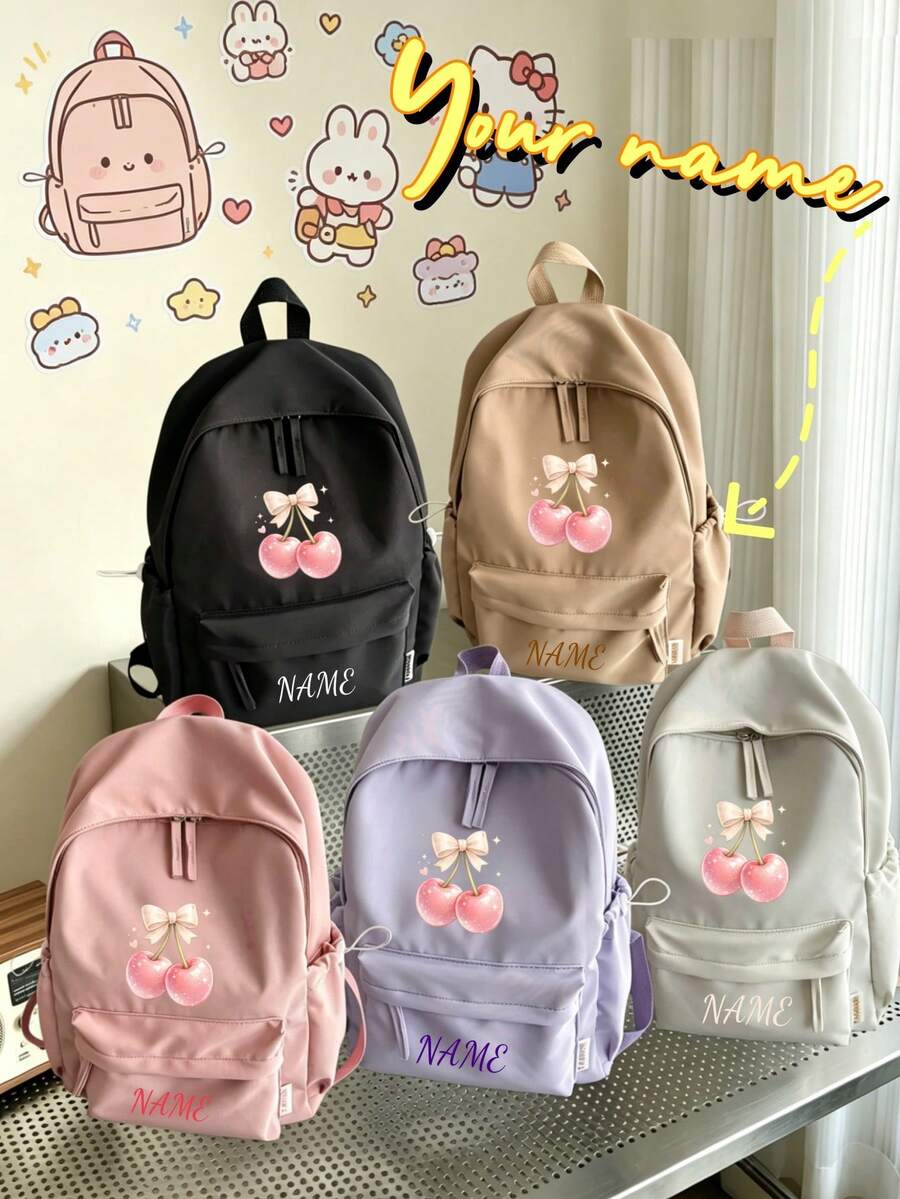 1 pieza Mochila personalizada de gran capacidad para volver a la escuela, versátil con estampado de lazo lindo & cereza, cierre de cremallera, material de nylon, correas de hombro ajustables, portátil a mano, adecuada para la escuela, el transporte, las compras, los viajes al aire libre. Regalo de cumpleaños. - Multicolor - Ver 1