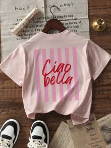 Kaos Musim Panas Longgar Bergaris Ciao Bella Bolak-balik untuk Anak Perempuan - Berwarna merah muda - View 3