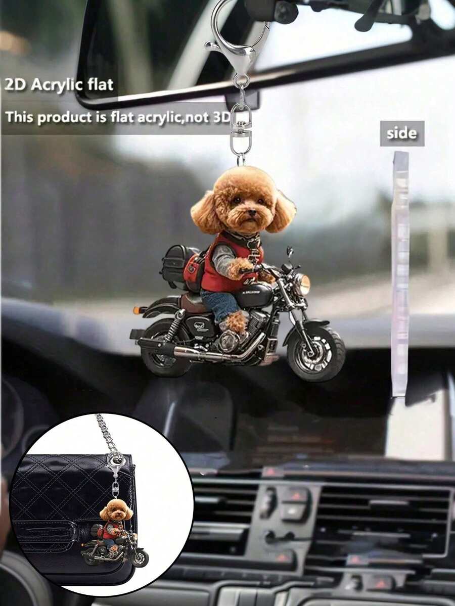 Llavero de acrílico con diseño de caniche en motocicleta lindo, accesorio multifuncional para llaves de auto, diseño de patrón 2D impermeable, adorno exquisito para amantes de las mascotas, accesorio de motocicleta, diseño plano 2D, adecuado para colgar en mochilas y llaves, regalo perfecto para familiares y amigos - Multicolor - Ver 1