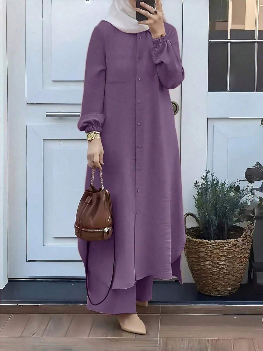 Women Fall Elegant Solid 2 Pieces Set, Button Lantern Sleeve Side Split Long Coat & Wide Leg Pants, Cute Casual All Season Outfit