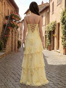Light Blue Floral Appliqué Tiered Maxi Dress, Spaghetti Strap Tulle Formal Evening Gown, Elegant Bridesmaid & Prom Wear - 黃色 - 查看 2