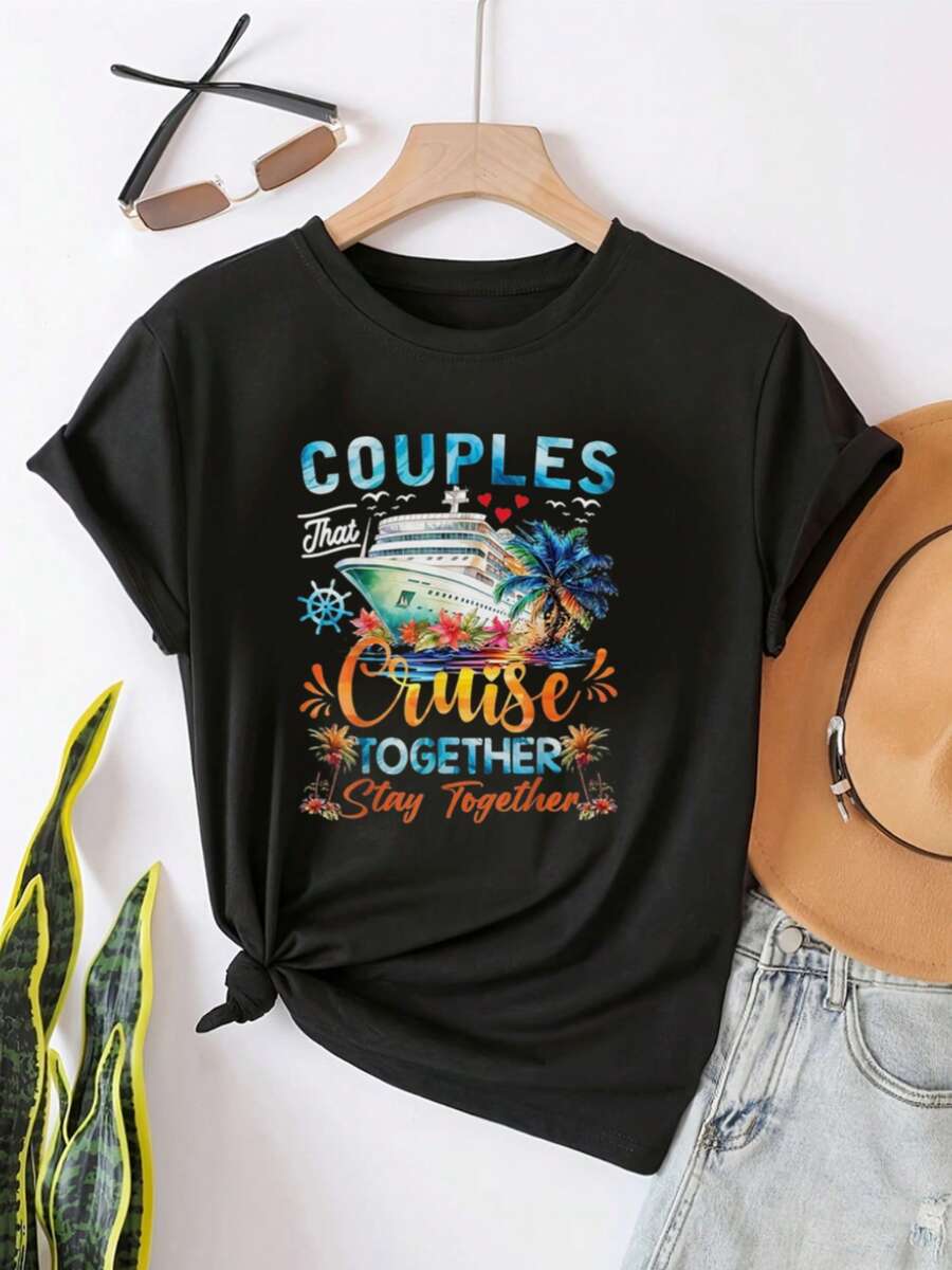 Camiseta para Parejas que Navegan Juntas - Con Diseños de Cruceros y Temática Tropical con Logos de Norwegian Carnival y Royal Caribbean - Atuendo Coordinado para Parejas en Cruceros Unisex - negro - Ver 1