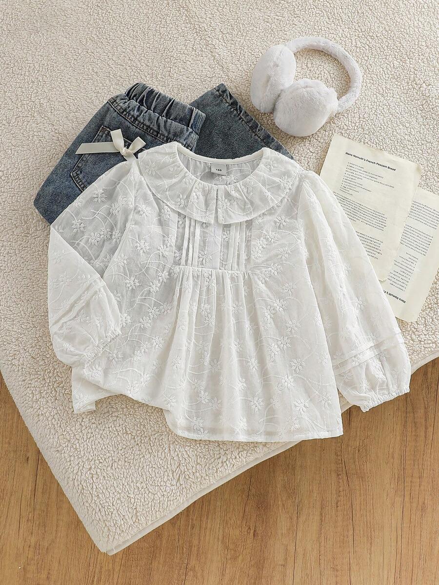 Girls' Turn-Down Collar Thin Shirt, Autumn - White - View 1