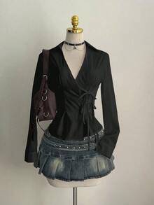 Fitted Collared Wrap Long Sleeve Side Tie Waist Solid White Blouse Casual Daily Top - 黑色 - 查看 5