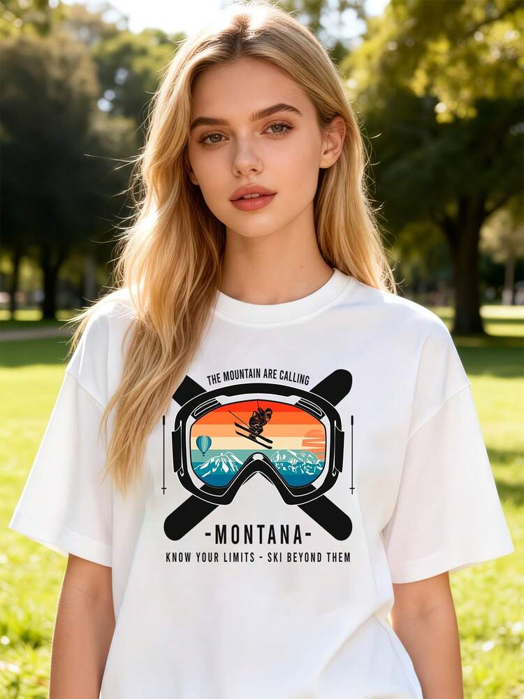 Women's Pure Cotton Short Sleeve Graphic Tee  Ski Lines Print Casual Oversized Daily Top - White - View 1
