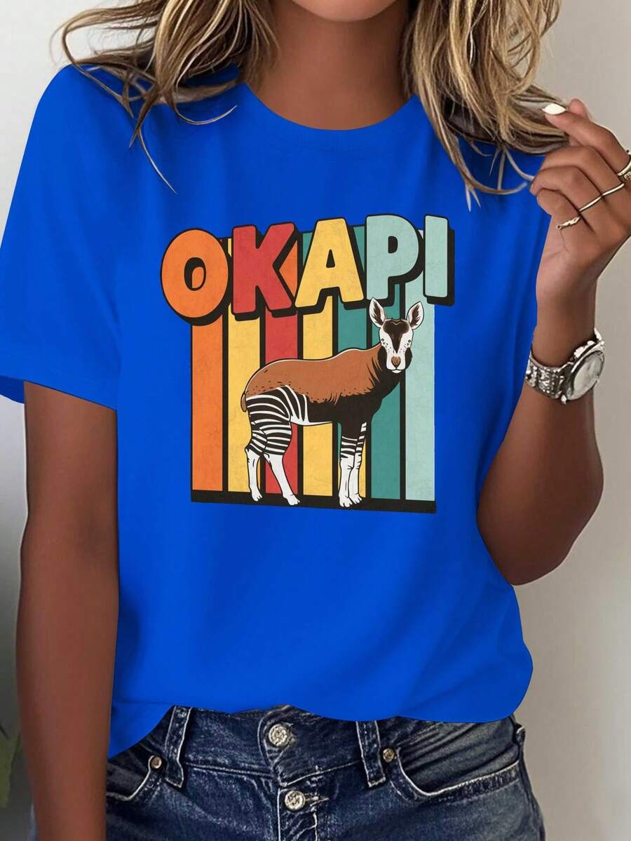 1 Solid Color Women's T-Shirt With A Bright Retro Okapi Design. - Blue - View 1