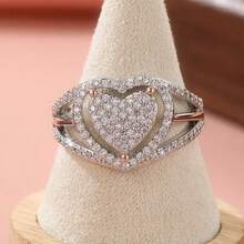 Anillo de mujer con forma de corazón, elegante y lujoso, con circonita cúbica brillante, perfecto para joyería de compromiso y regalo ideal para vacaciones - Plateado - Ver 2