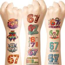 FTVLTAT 20入隨機「67」主題趣味臨時紋身貼紙 - 無意義網路俚語、80款幽默圖形設計、Y2K美學能量紋身貼紙、街頭塗鴉復古卡通身體貼紙、生日派對禮物配件 - 多色 - 查看 1