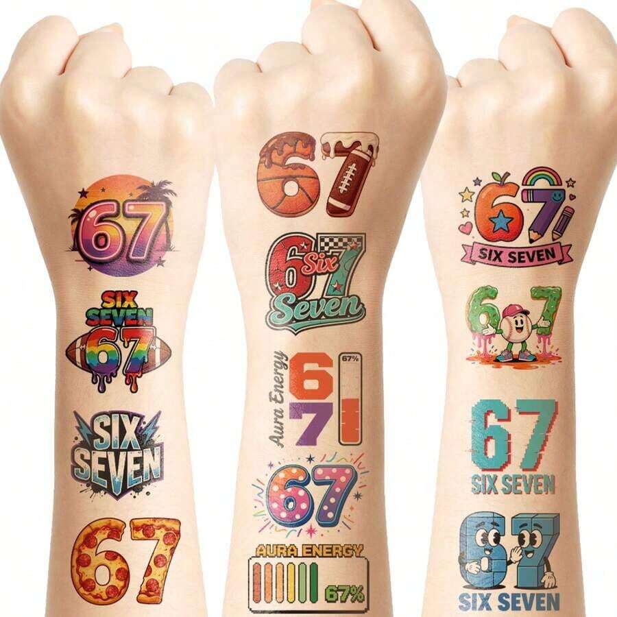 FTVLTAT 20入隨機「67」主題趣味臨時紋身貼紙 - 無意義網路俚語、80款幽默圖形設計、Y2K美學能量紋身貼紙、街頭塗鴉復古卡通身體貼紙、生日派對禮物配件 - 多色 - 查看 1