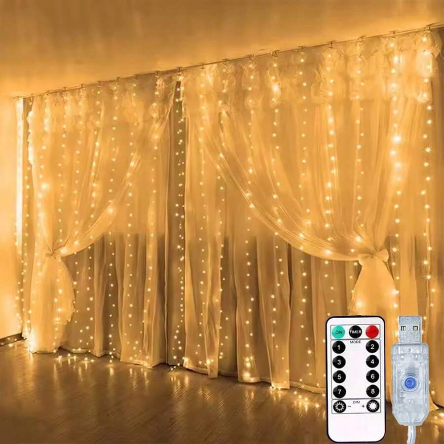 LED Garland Curtain Lights, 8 Modes, USB Powered, With Remote Control, Fairy String Lights, Perfect For Wedding, Christmas And Holiday Home Decor. - Yellow - View 1