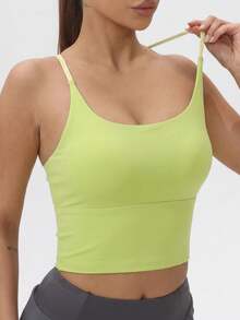 Sujetador deportivo acolchado fijo para mujer, top de yoga elástico con bloques de color - verde fluorescente - Ver 4