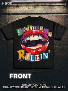 ,PICTUREMEROLEIN,StreetWear,Y2K,(CottonStreetwearT-Shirt)Men'sGraphicTe,RoundNeck,LooseFit,Fall&HolidayTravel,Unisex,Goth&Y2KStyleNewCasualT-ShirtsForMenAndWomen - 黑色 - 查看 1