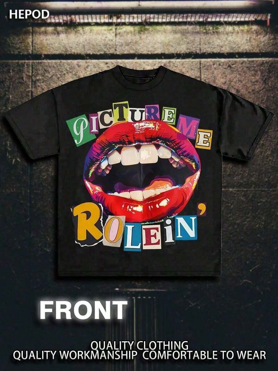 ,PICTUREMEROLEIN,StreetWear,Y2K,(CottonStreetwearT-Shirt)Men'sGraphicTe,RoundNeck,LooseFit,Fall&HolidayTravel,Unisex,Goth&Y2KStyleNewCasualT-ShirtsForMenAndWomen - 黑色 - 查看 1
