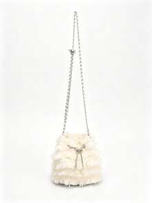 Cream Tulle Ruffle Bucket Bag, Faux Pearl Drawstring Chain Crossbody Bag, 2025 Ballet Fairy Style Women's Teen Handbag, Suitable For Bride/Date/S - Apricot - View 9