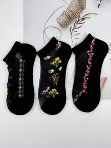1/5 Pairs Random Women's Short Socks, Black Crystal Silk Embroidered Floral Pattern Glass Silk Thin Breathable Moisture-Wicking Fashion Socks, Suitable For Daily Wear - Multicolor - View 5