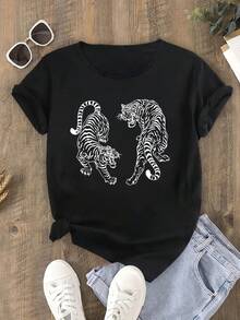 Playera con dos tigres. Talla grande, ajuste holgado. - Negro - Ver 1