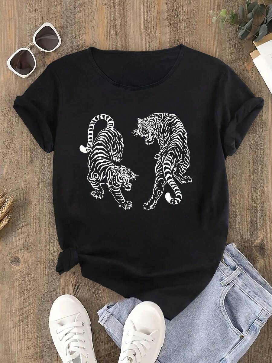 Playera con dos tigres. Talla grande, ajuste holgado. - Negro - Ver 1
