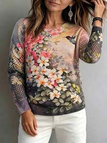 Curve Plus Size Vintage Floral Hummingbird Print Sweater Women Hollow Out Mesh Long Sleeve Crew Neck Loose Casual Knit Jumper - Multicolor - View 2