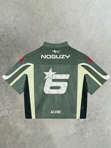 Camiseta de manga corta con cuello en V con estampado de letras y coche de carreras de moda para hombres 2025, versátil para primavera/verano - verde menta - Ver 2