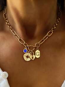 1PC Gold Initial Necklace, Luxurious Round Buckle With Letters, And Octagonal Pendant Necklace, Suitable For Ladies' Exquisite Holiday Party Gifts - Yellow Gold - View 16