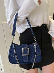 1pc Women's Colorblock Spice Girls Style Slim Daily Zipper Bag, Suitable For Party & Holiday, Large Capacity Fashionable Versatile Chain Bag - Blue - View 3