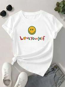 Camiseta con dise?o de sonrisa de mujer, primavera, 100% algodón, ajuste holgado, transpirable, casual, dise?o gráfico único - Blanco - Ver 2
