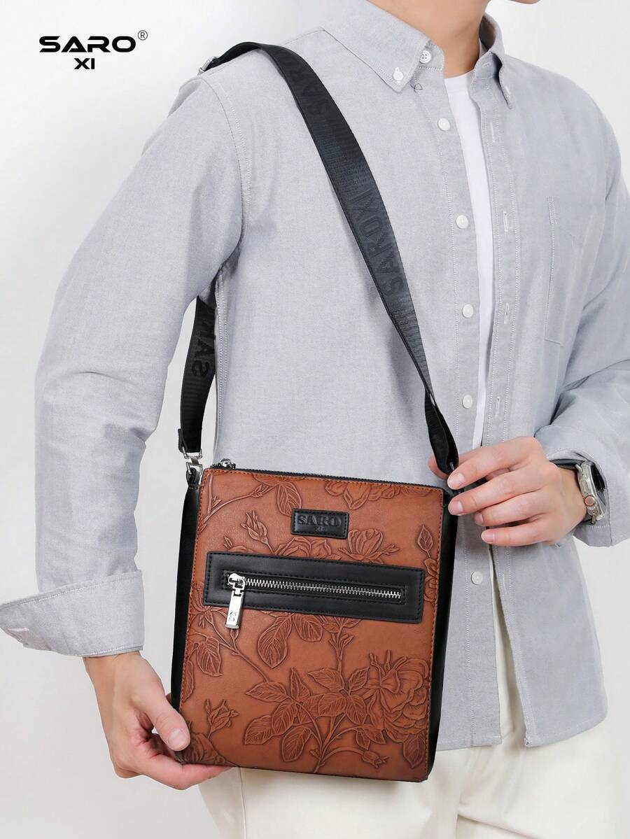 saroxi Men's Embossed Crossbody Bag With Side Pocket, Shoulder Bag, Small Pouch, Multi-Functional For Commuting And Casual Use, Minimalist Style, Black And Brown, Gift For Men, Boyfriend, And Fashionable - Multicolor - View 1