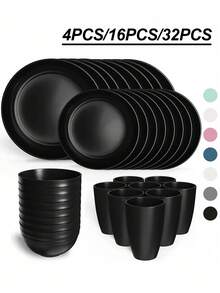 4pcs/16pcs/32pcs Unbreakable PP Reusable Plastic Tableware Set, Includes Plates, Bowls And Cups. Suitable For Home And Outdoor Picnic School Supplies,Christmas Gift - Multicolor - View 1