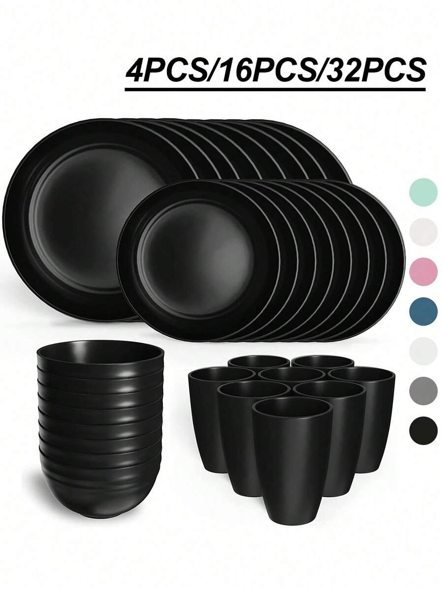 4pcs/16pcs/32pcs Unbreakable PP Reusable Plastic Tableware Set, Includes Plates, Bowls And Cups. Suitable For Home And Outdoor Picnic School Supplies,Christmas Gift - Multicolor - View 1