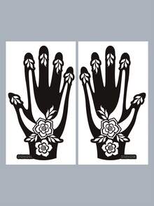 2pcs Palm Tattoo Stencil Set, Hollow Palm Tattoo Stencils, Symmetrical Floral Geometric DIY Painting Templates, Universal For Left And Right Hand Back And Finger Decoration - Black - View 10