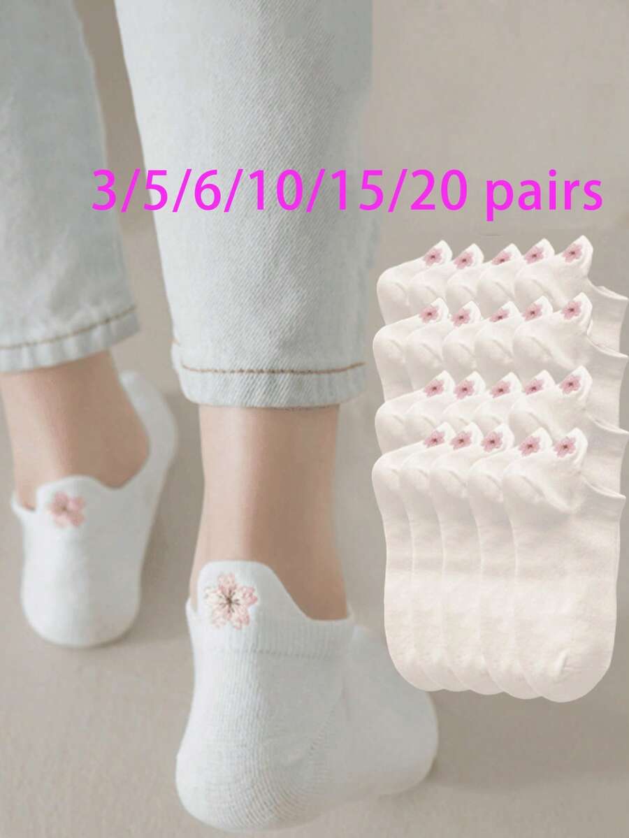 3/5/6/10/15/20 Pairs Women's White Summer New Mesh Sakura Embroidery Ultra-Thin College Style Boat Socks, Non-Slip Heel, JK Socks - White - View 1