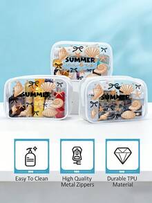 1個「Summer」字母印花PVC防水海灘包，附貝殼與海星裝飾，PVC化妝包，PVC拉鍊旅行收納包，輕量耐褪色化妝盥洗包，適合男女使用，TSA認證便攜式化妝盒，易清潔設計，適合母親、教師、朋友、護士化妝包，學校、度假、返校用品盥洗包，母親節禮物，旅行必備，夏季必備 - 彩色 - 查看 7