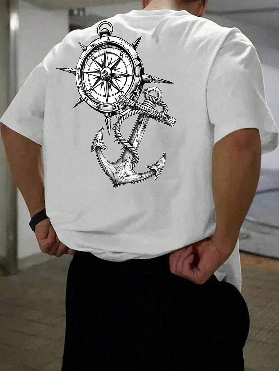 Camiseta de hombre con temática náutica y estampado de ancla y brújula en la espalda - camiseta de manga corta con cuello redondo de estilo marino, transpirable y adecuada para todas las est - Blanco - Ver 1