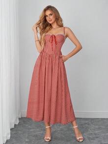 PARTHEA Casual Red Gingham Midi Dress With Pockets For Women, Lace Trim V Neck Front Tie Adjustable Strap Smocked Back Flowy A Line Sundress - Red - View 8