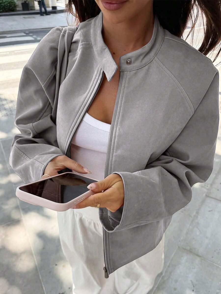 Women's New Zipper Solid Color Versatile Autumn/Winter Comfortable Jacket - Grey - View 1