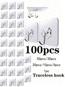 100-1 cái Móc treo tường liền mạch, Móc treo tường không cần đinh, Móc dán chắc chắn, Móc treo tường keo dán, Tự dính, Trong suốt, Có thể tháo rời, Không thấm nước, Chống gỉ, Thích hợp cho Nhà bếp, Phòng tắm, Phòng khách - trong suốt - Xem 2
