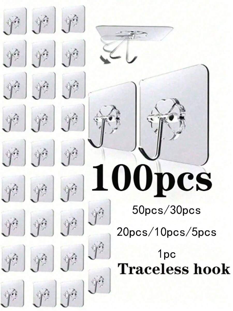 100-1 cái Móc treo tường liền mạch, Móc treo tường không cần đinh, Móc dán chắc chắn, Móc treo tường keo dán, Tự dính, Trong suốt, Có thể tháo rời, Không thấm nước, Chống gỉ, Thích hợp cho Nhà bếp, Phòng tắm, Phòng khách