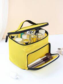 1 pieza Bolsa de almacenamiento de malla multifuncional de doble compartimento, material de malla semitransparente rosa, ranura frontal para cepillos + partición del compartimento principal, bolsa de maquillaje portátil estilo chica hot - Multicolor - Ver 7