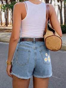 Women's Casual Daisy Print Denim Shorts Summer Straight Leg Pockets Zipper Non-Stretch Breathable Lightweight Short Pants For Festivals Boho Outfits - 淺色水洗藍 - 查看 4
