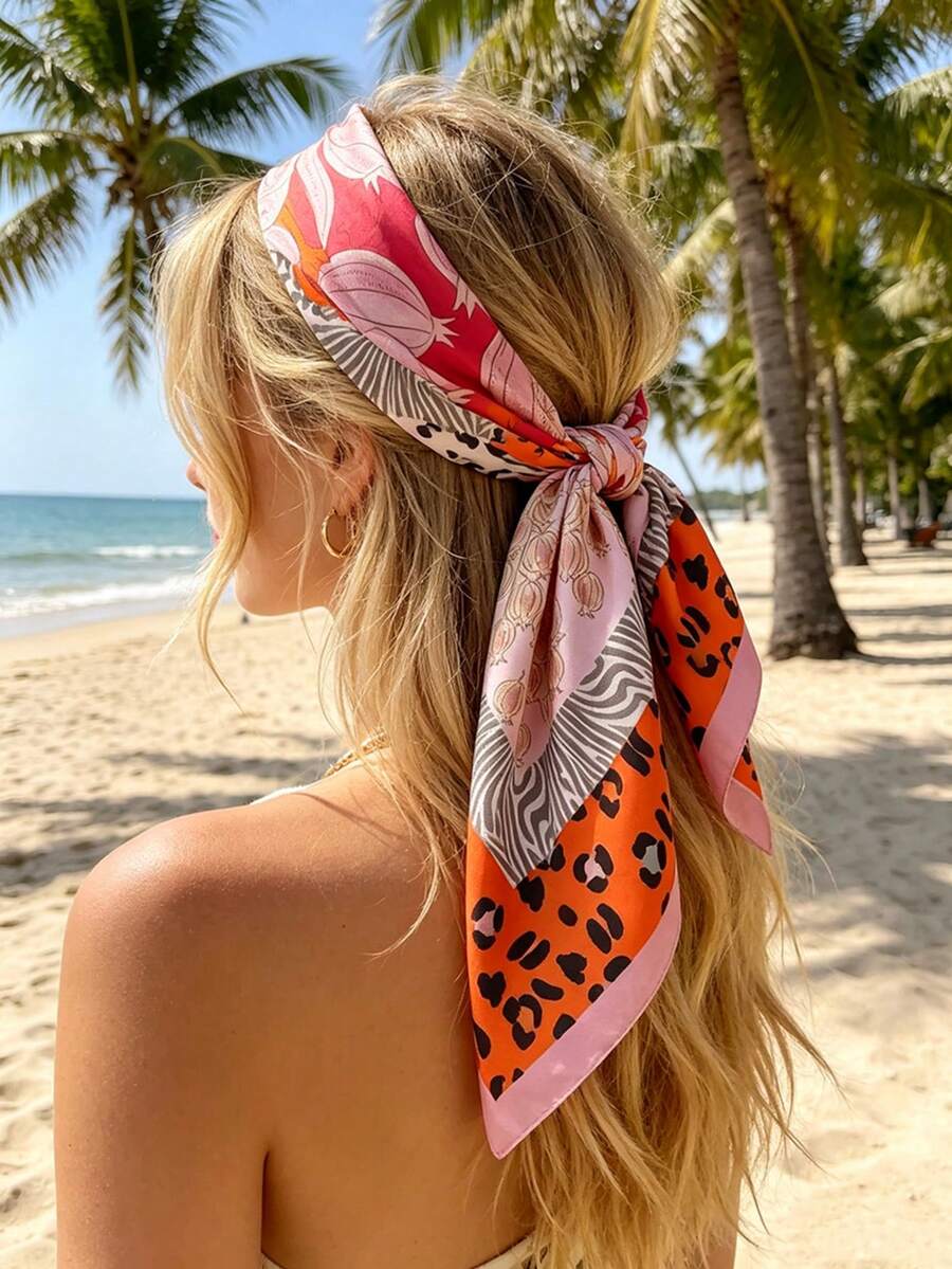 Khăn vuông thanh lịch với họa tiết hoa, phù hợp cho nữ - làm từ polyester, phụ kiện cổ đa năng - Nhiều màu - Xem 1