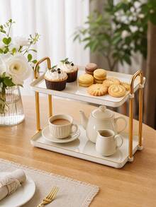 Two-Tier Tray Decor For Fall & Weddings, Food Display Stand For Desserts, Adjustable Serving Tray For Kitchen, Dining Table, Party, Cake Stand. Modern Luxury Design With Handle. Soporte Para Pastel. - White - View 1