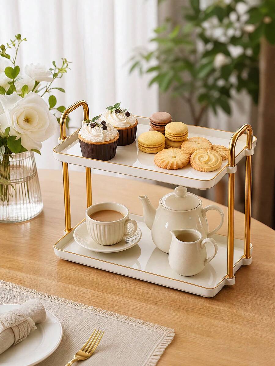 Two-Tier Tray Decor For Fall & Weddings, Food Display Stand For Desserts, Adjustable Serving Tray For Kitchen, Dining Table, Party, Cake Stand. Modern Luxury Design With Handle. Soporte Para Pastel. - White - View 1